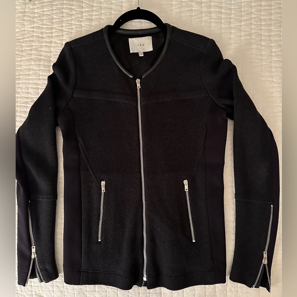 IRO -Ink color almost black Textured Women's Moto knit jacket. Leather trim.